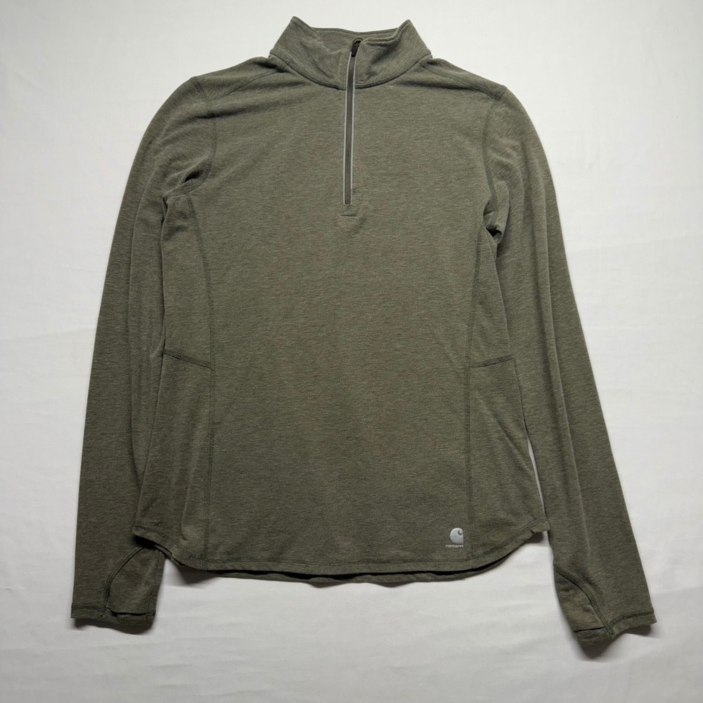 Carhartt Force 1/4 Zip Pullover Womens Small Olive Green Thumbhole Athletic